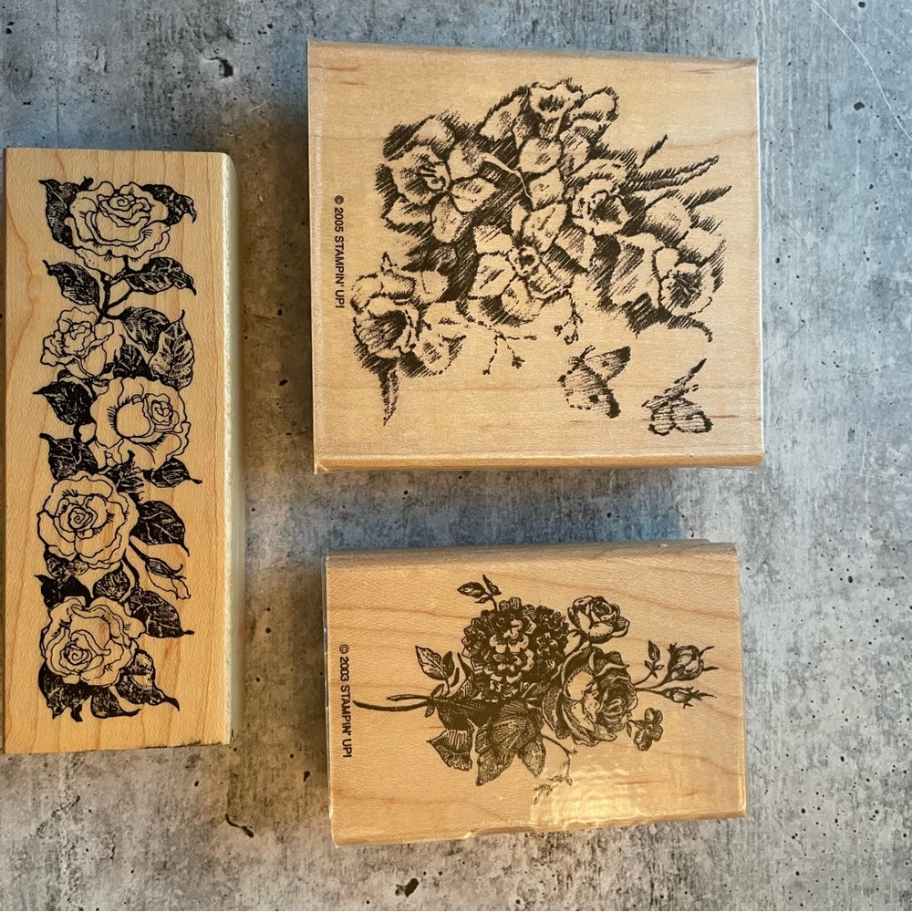 Flowers Valentine Day Wooden Rubber Ink Stamp Craft Stampin Up Unused Set/3